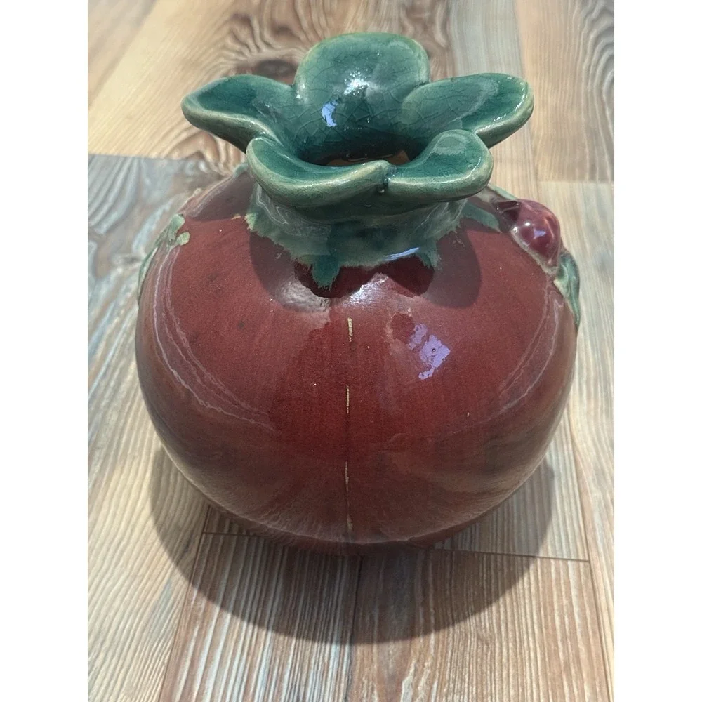 VTG Very Rare Hand Made Pomegranate Vase Deep Red W Green Majolica 7